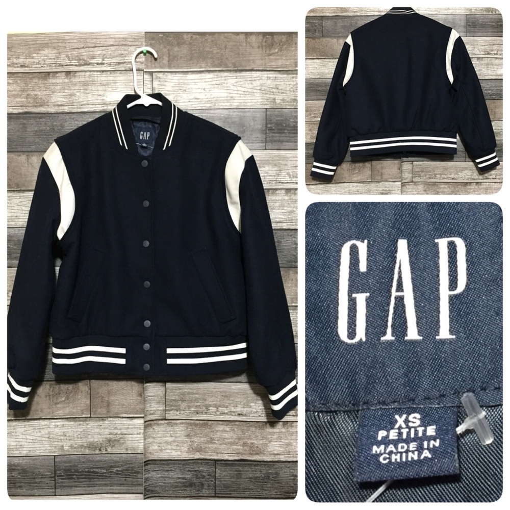 Gap Wool Blend Varsity Bomber Jacket Women’s XS Petite Snap Faux Leather Accents